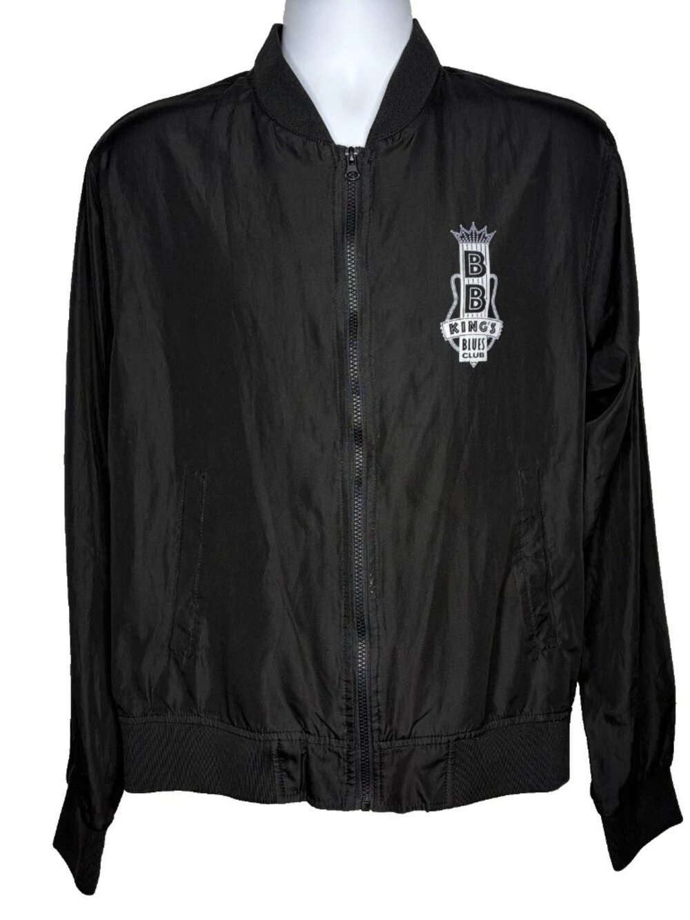 BB Kings Blues Club Bomber Jacket Size M Black Lightweight Zip Nylon Windbreaker